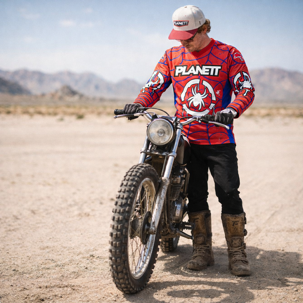 Red and blue spider-themed planett motocross jersey