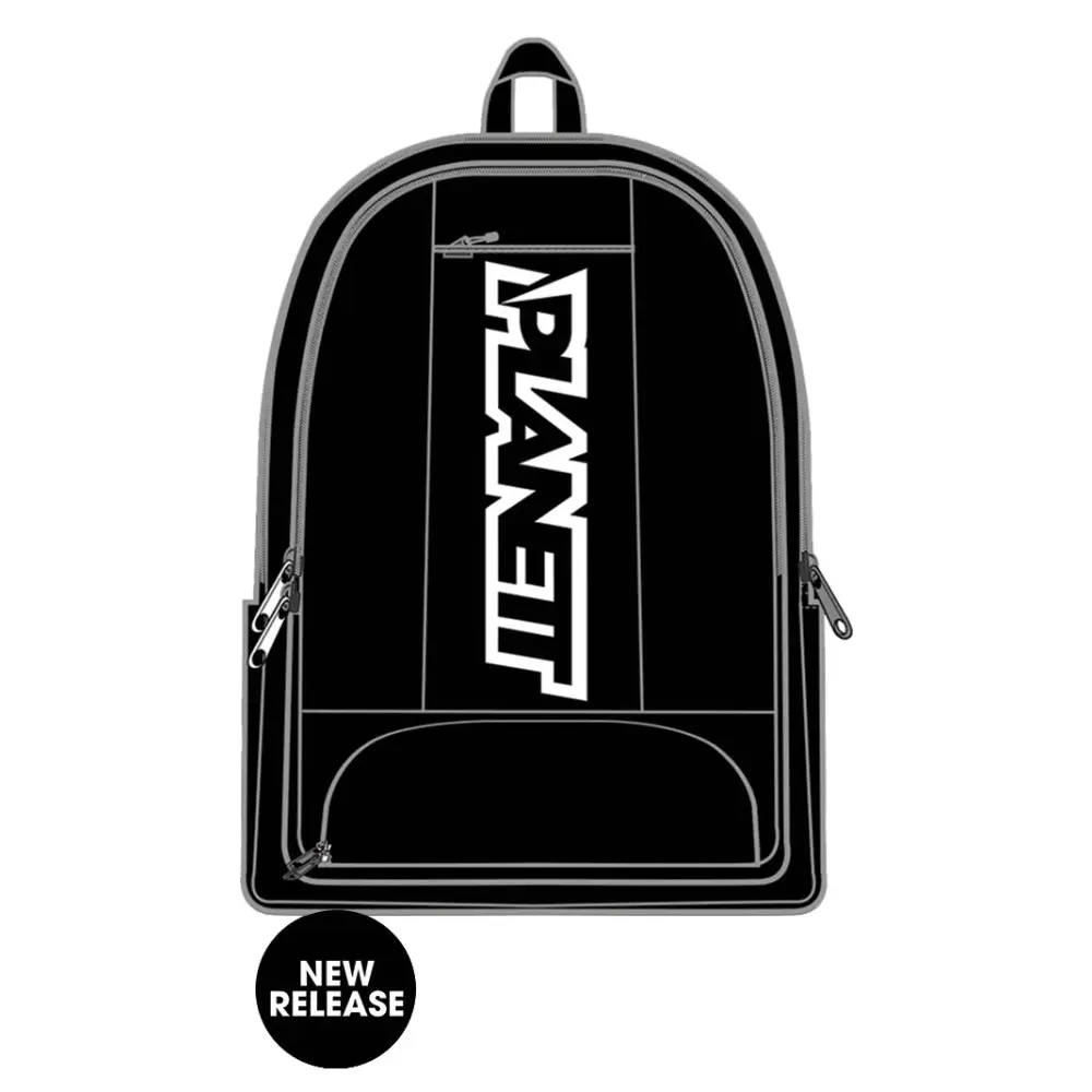 Black backpack with white logo.