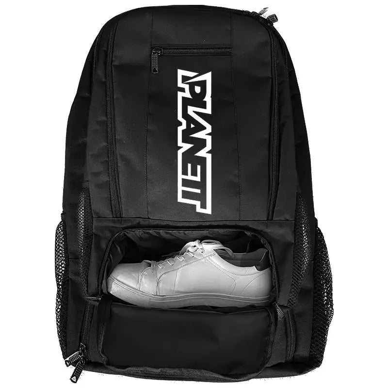 Black mesh shoe compartment backpack with white ’planet’ logo.