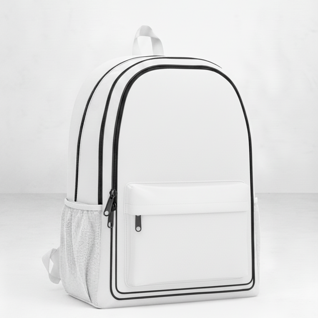 White backpack with black trim and mesh pocket.