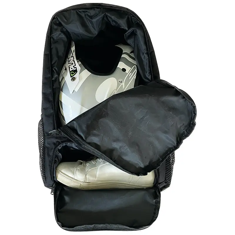 Black backpack with helmet and shoe.
