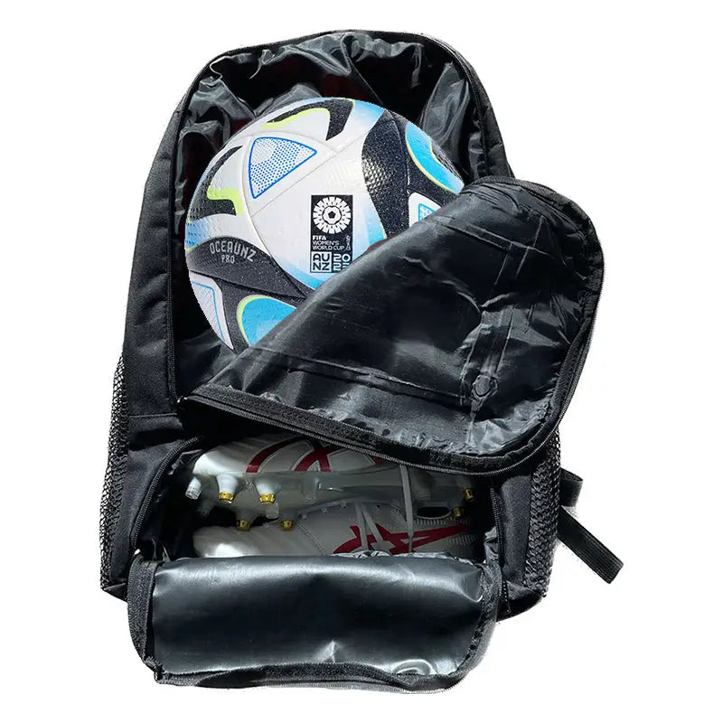 Black soccer ball backpack with mesh pockets and water bottle holder