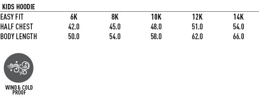A size chart for a kidsβ hoodie, including half chest and body length measurements, and a βwind & cold proofβ icon.