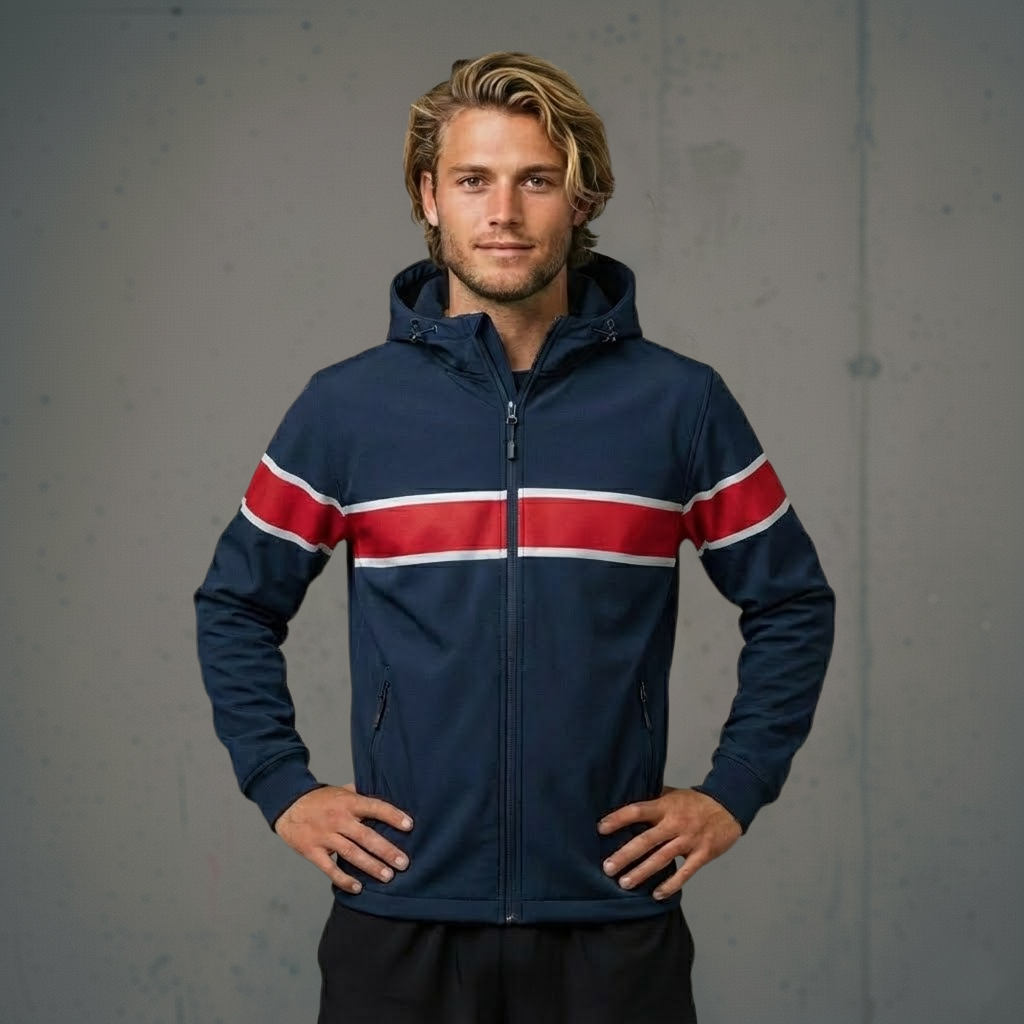 Navy blue and red striped athletic jacket with hood, likely made of polyester or nylon.
