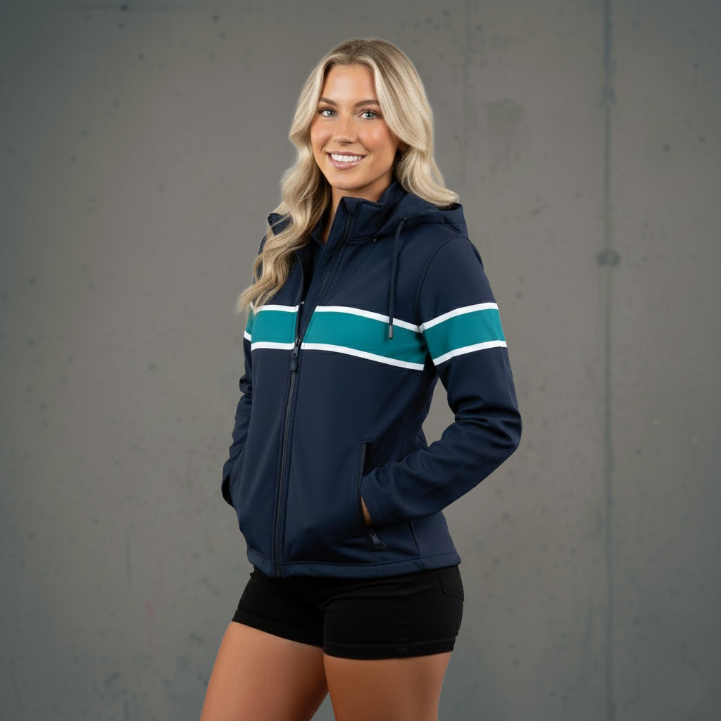 Navy blue zip-up hoodie with teal and white stripes, hooded design.