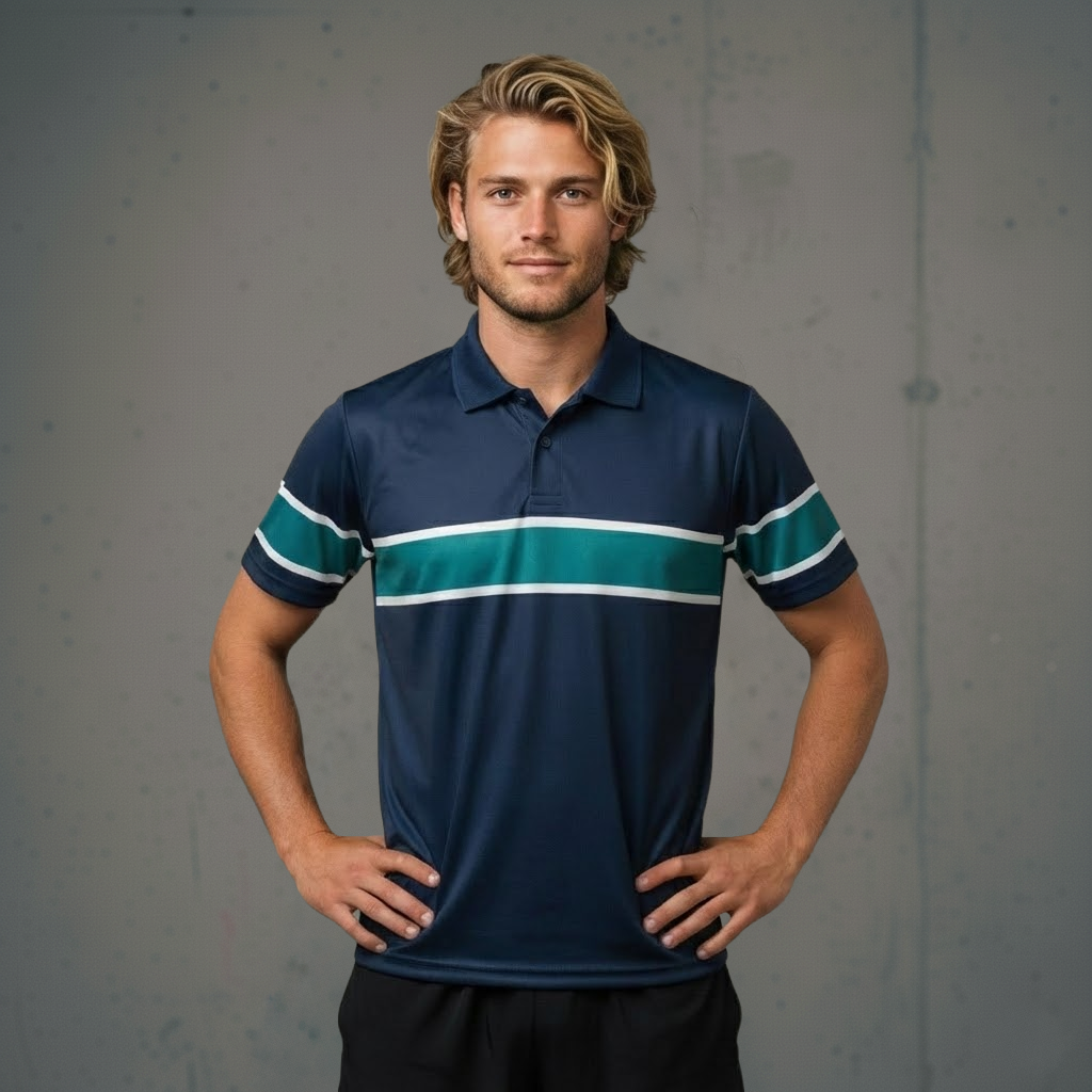 Navy polo shirt with teal and white stripes, short sleeves, made of polyester material.