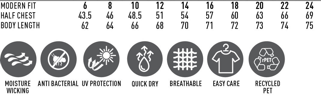 Modern fit t-shirt with moisture-wicking, anti-bacterial uv protection, quick-dry and breathable features in a white base color.