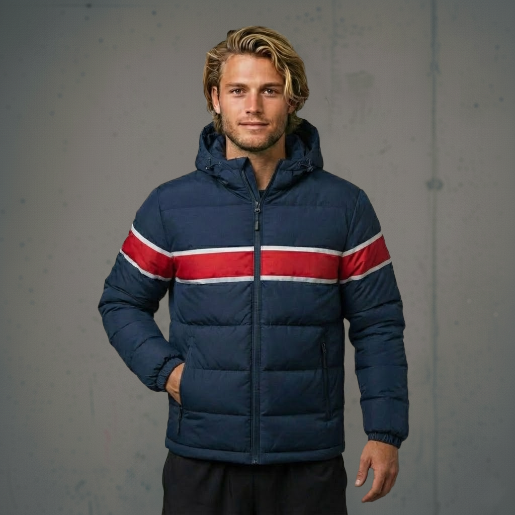 Navy blue puffer jacket with red and white stripes, hooded design.