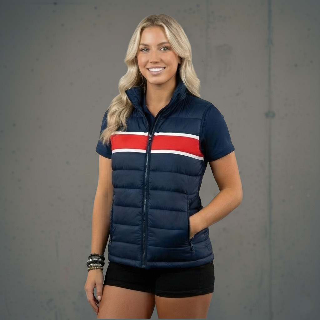 Navy blue puffer vest with red and white stripes, hooded design.
