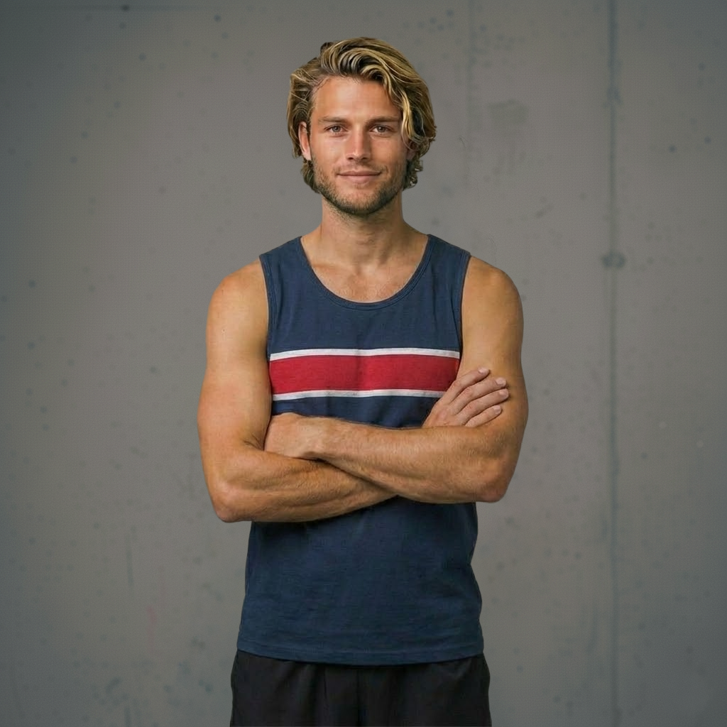 Navy blue tank top with red and white stripes, athletic material