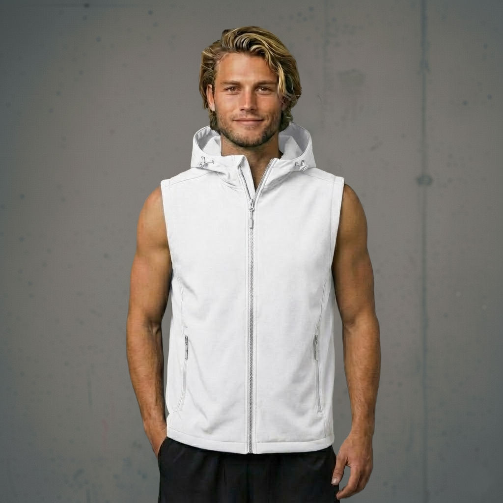White sleeveless vest with hood and zipper, likely made of softshell material.