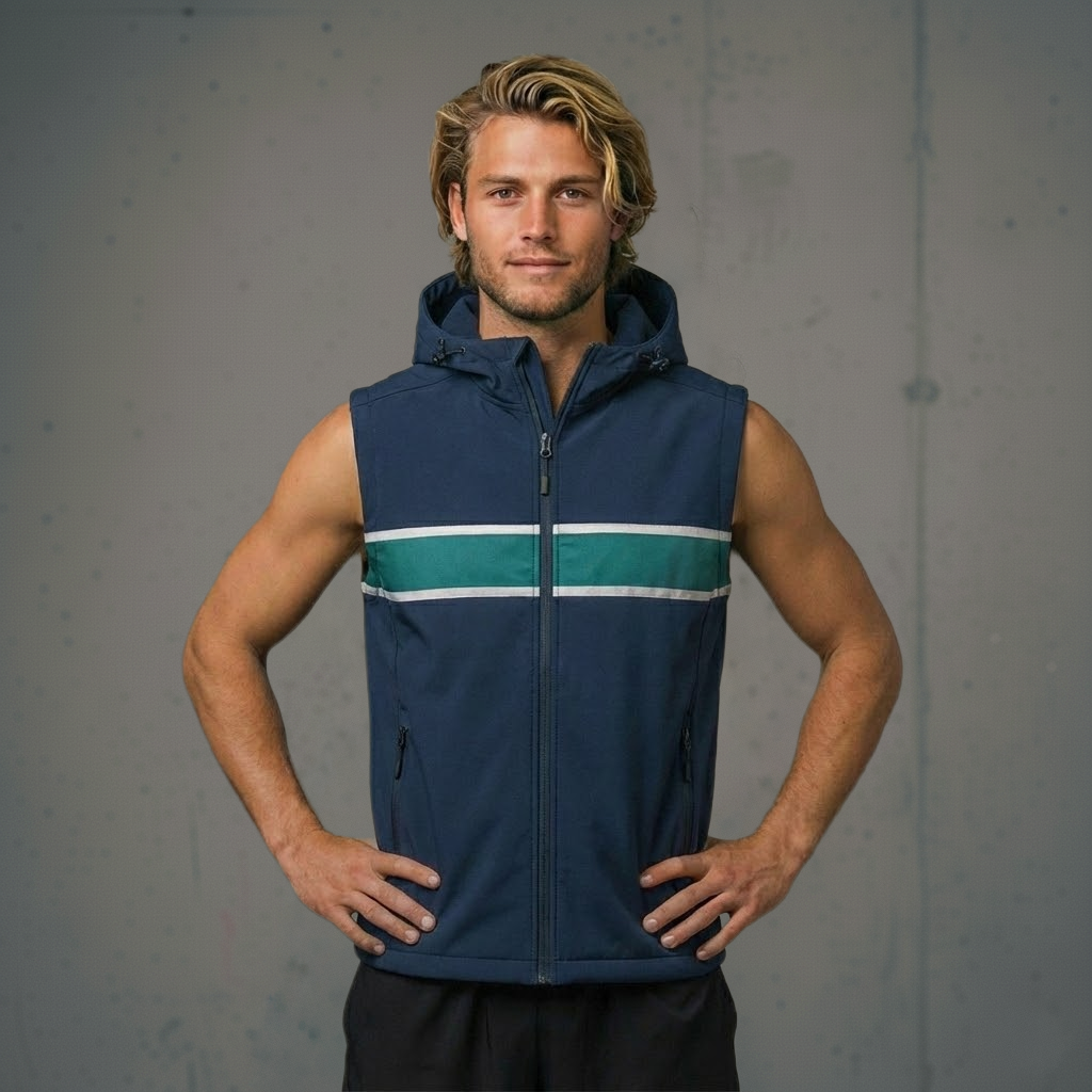 Navy blue sleeveless jacket with hood and teal accents, likely made of synthetic material for outdoor use.