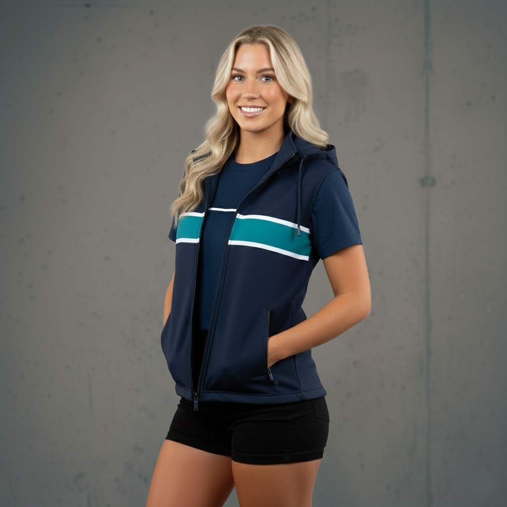 Navy blue athletic jacket with teal and white stripes, hooded design.