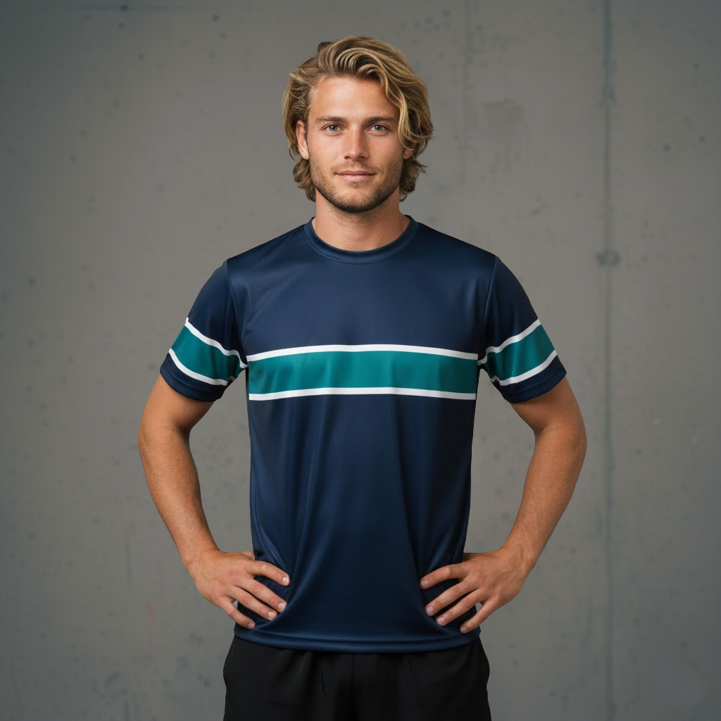 Navy blue athletic jersey with teal and white stripes, short sleeves, polyester material.