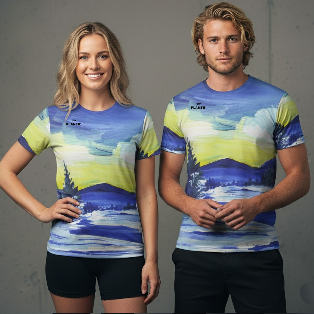 Blue and yellow landscape t-shirt with short sleeves, made of polyester material.