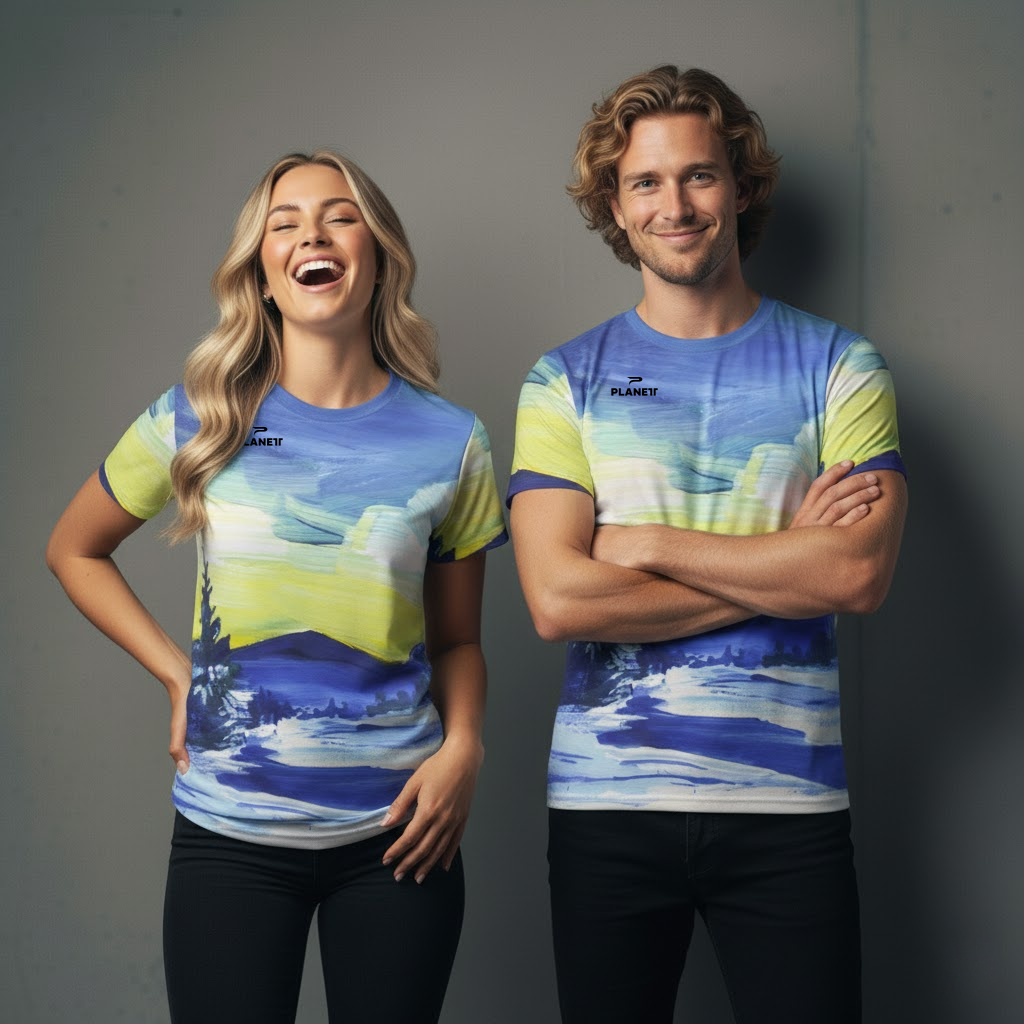 Blue and yellow ocean wave t-shirt with ’almen’ logo.