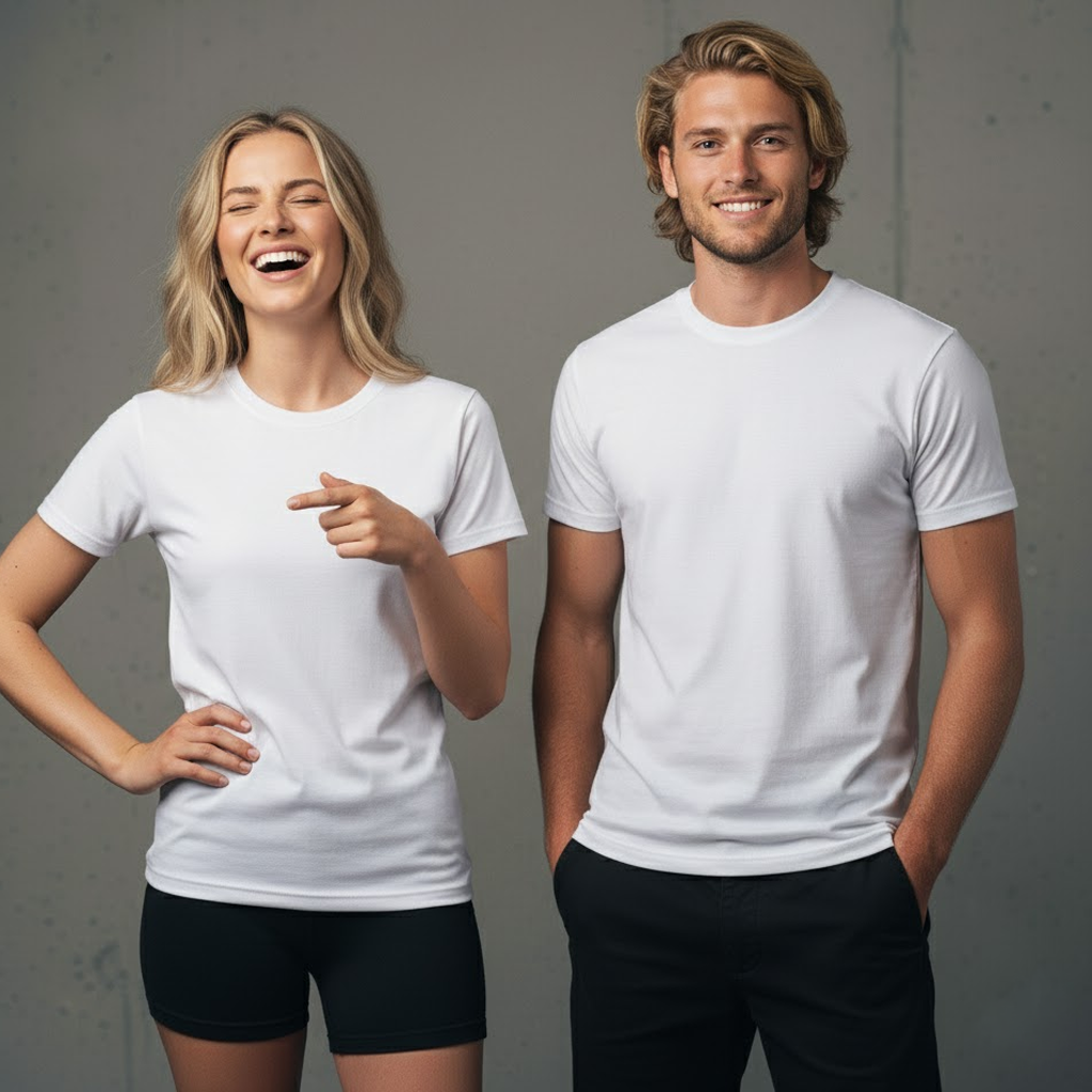White crew neck t-shirt with black shorts and pants.
