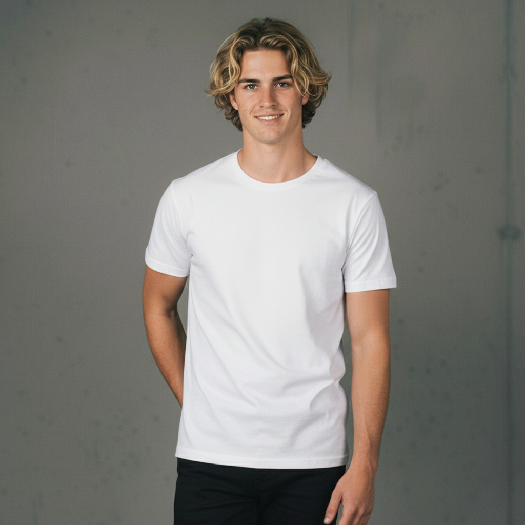White crew neck t-shirt with short sleeves and a relaxed fit.