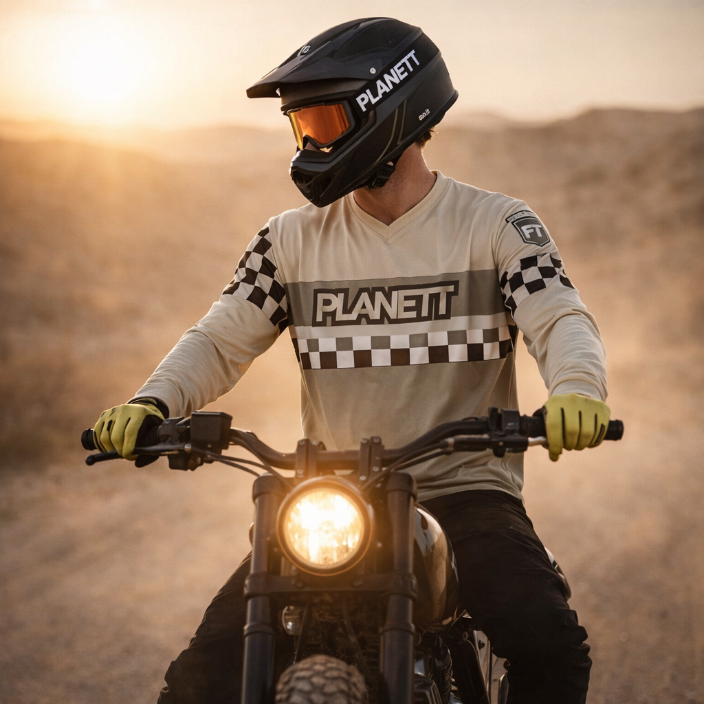 Black planett helmet with orange-tinted visor