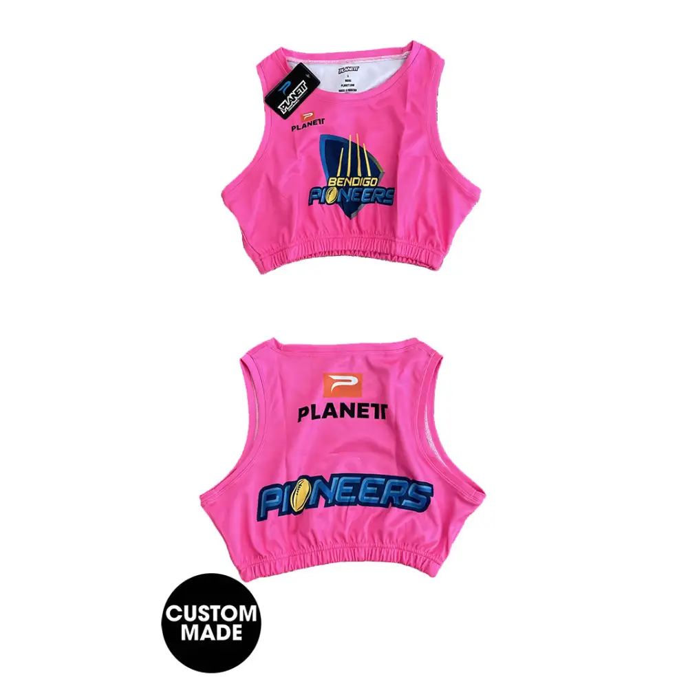 Pink athletic crop top.