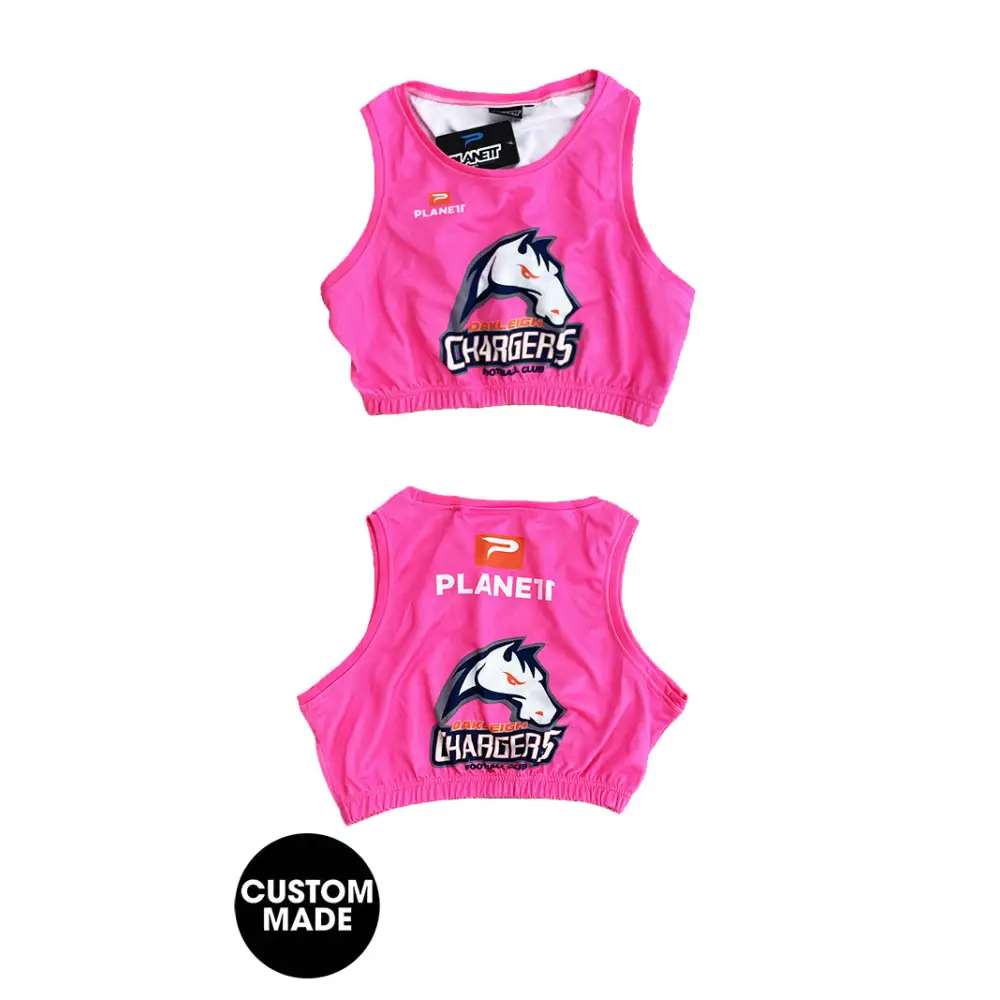 Pink crop top with horse logo.