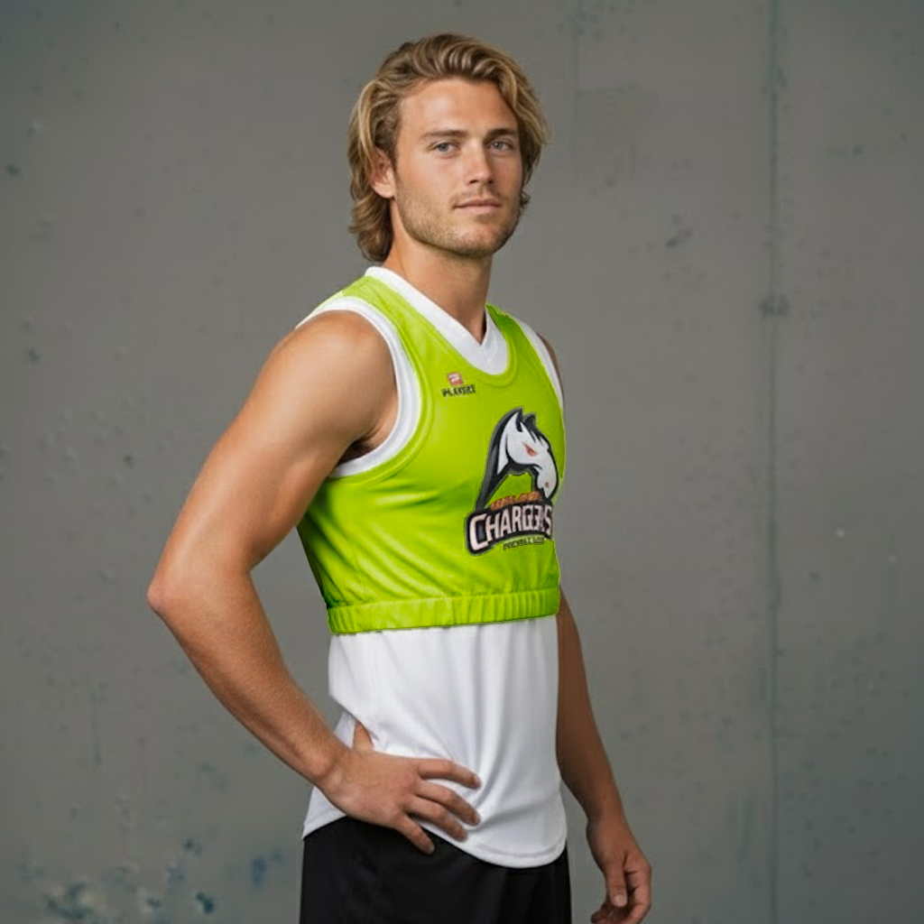 Lime green and white chargers jersey with horse logo.