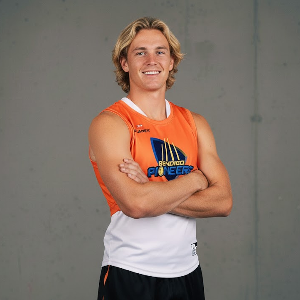 Orange and white sleeveless jersey with ’benkdgo pioneers’ logo.
