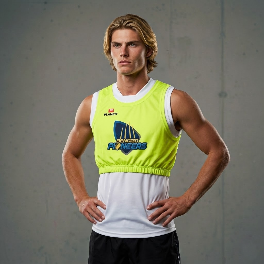 Neon yellow and white athletic jersey with ’pioneers’ logo, flameit brand.