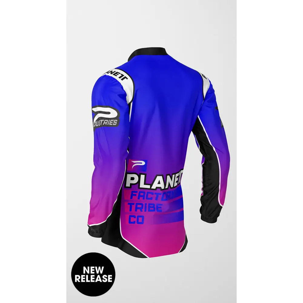 Blue and pink racing jersey.