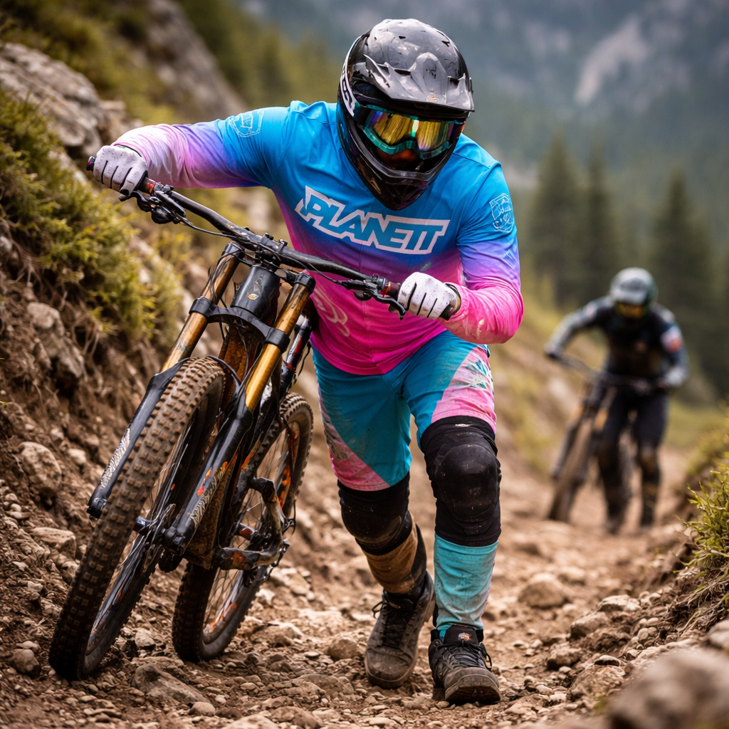 A vibrant blue and pink gradient long-sleeved mountain biking jersey with ’planett’ branding across the chest.