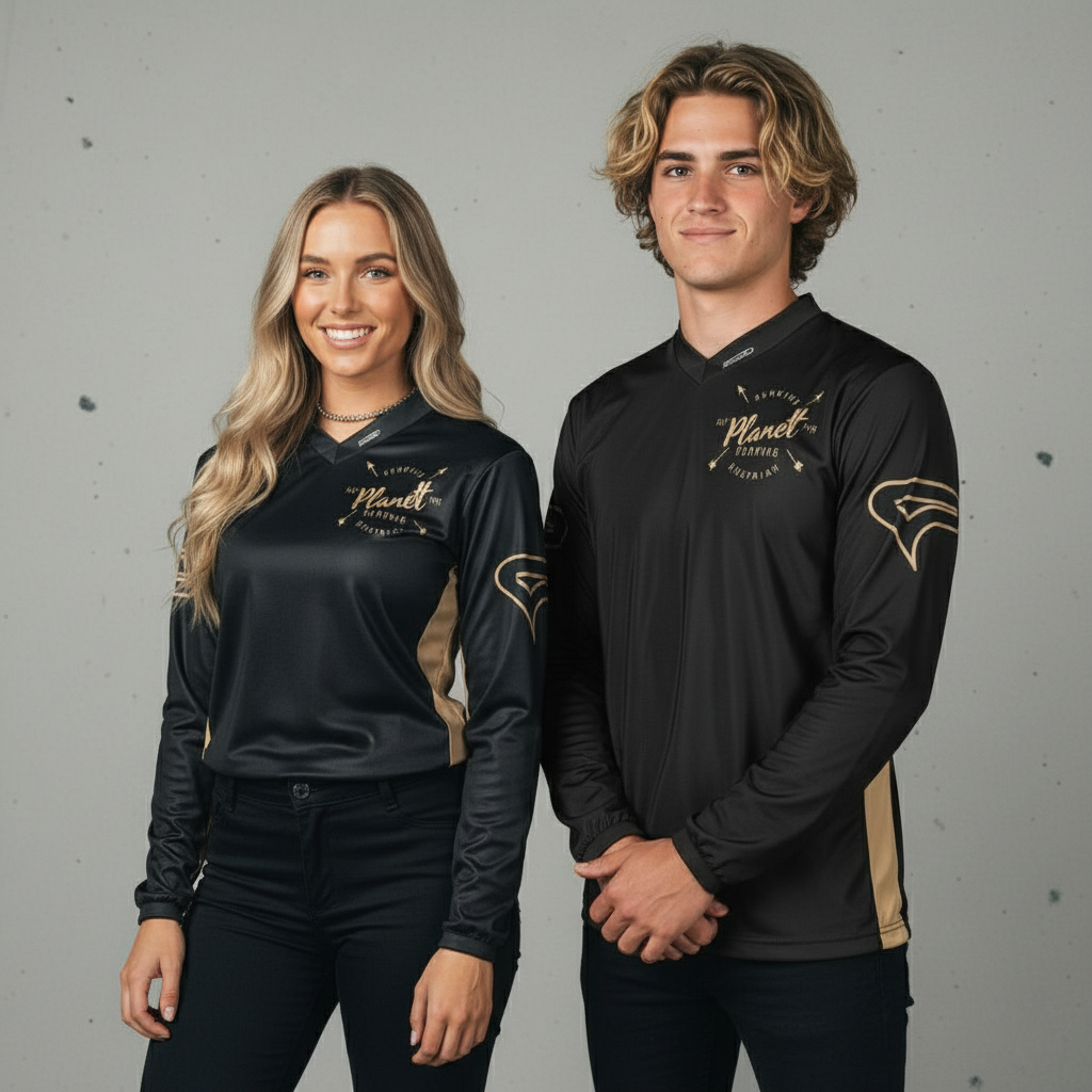 Matching black and gold long-sleeve athletic shirts.