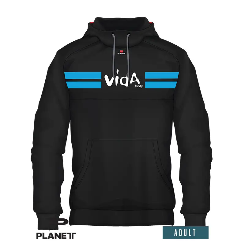 Black hoodie with blue stripes.