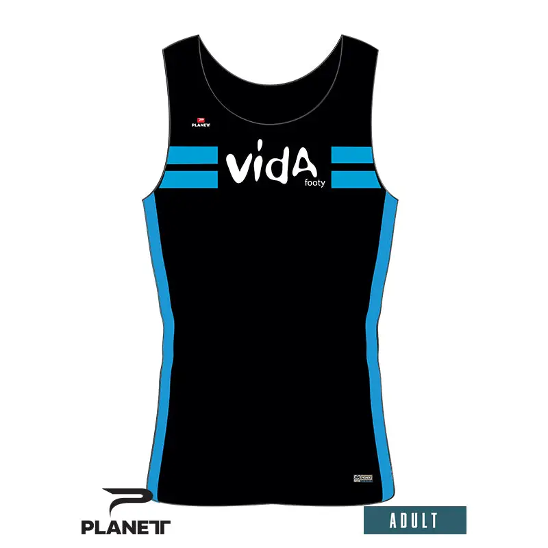 Black and blue sleeveless athletic shirt.