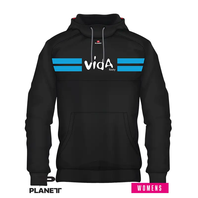 Black hoodie with blue stripes.