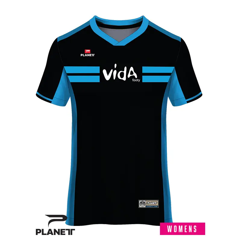 Black and blue women’s soccer jersey.