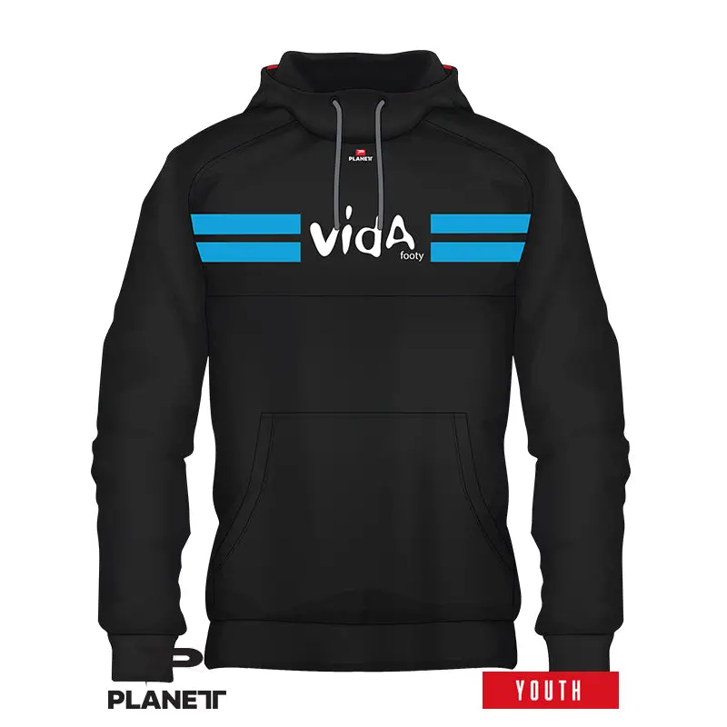 Black hoodie with blue stripes.