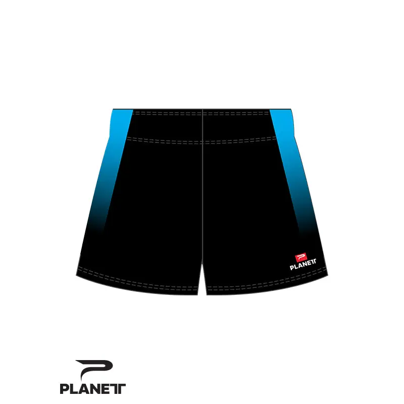 Black and blue athletic shorts.