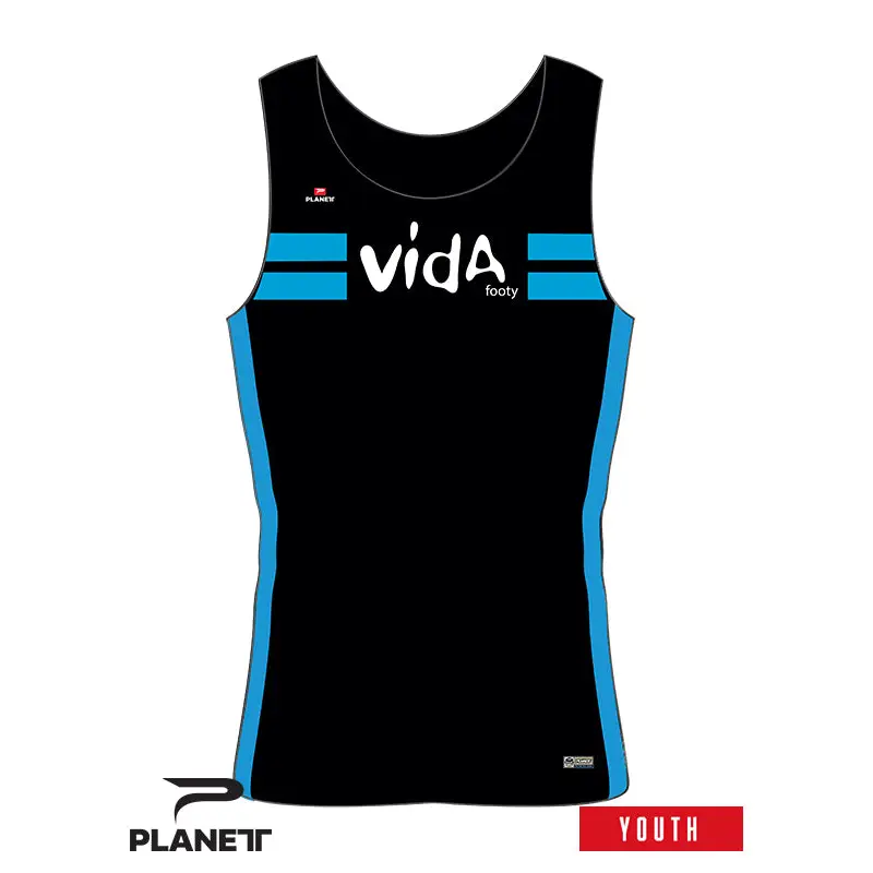Black and blue sleeveless athletic shirt.