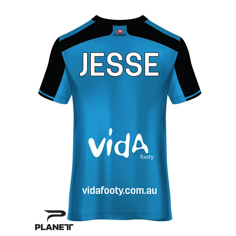 Blue and black soccer jersey.