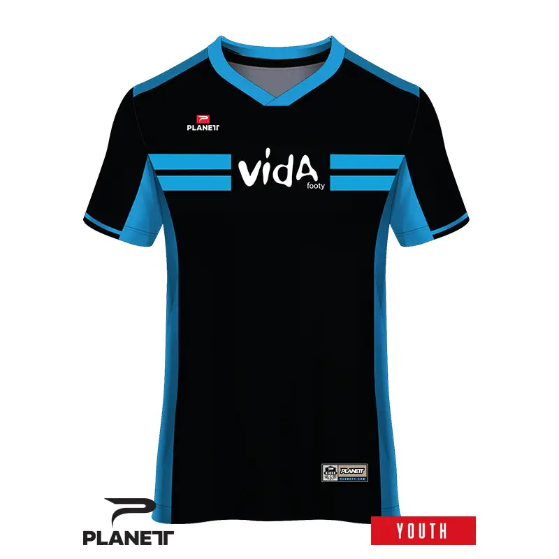Black and blue soccer jersey.