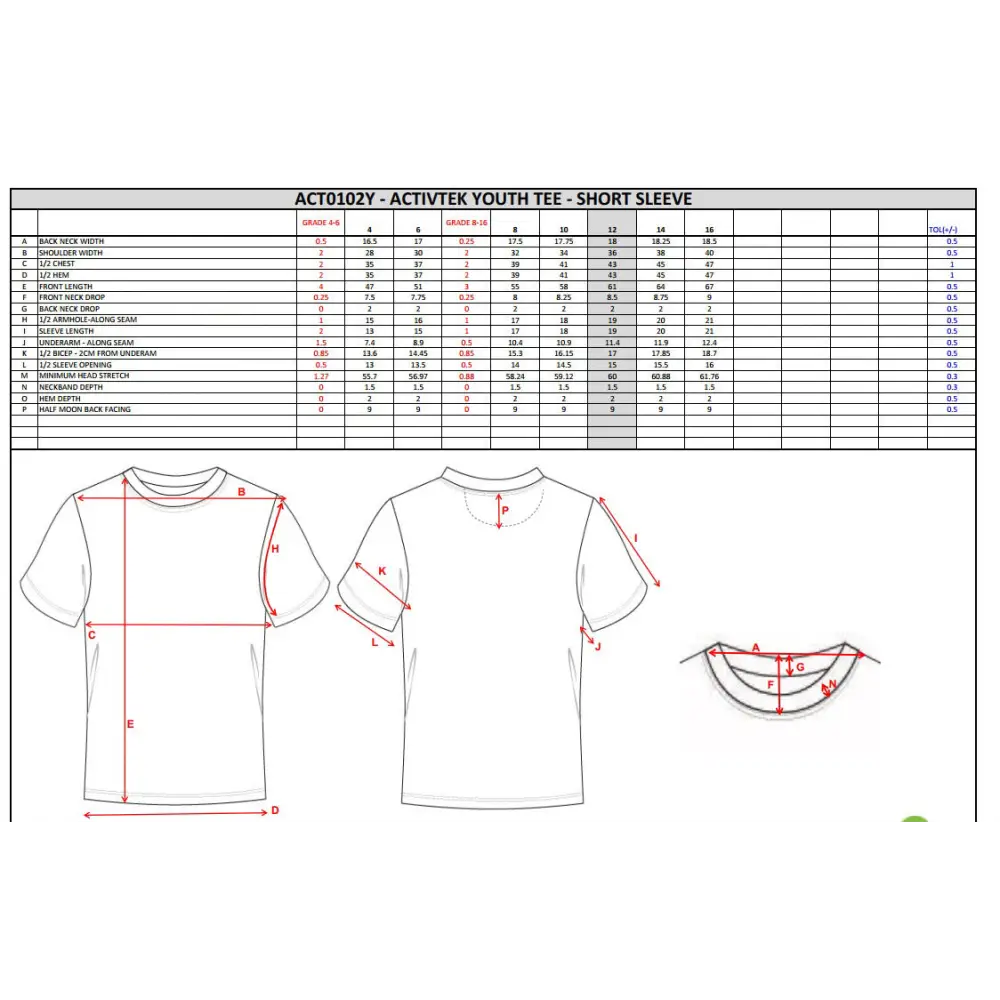 Youth tee size chart with diagrams.