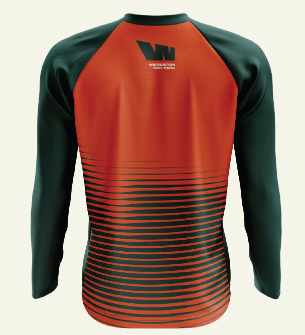Orange and green long-sleeved shirt.