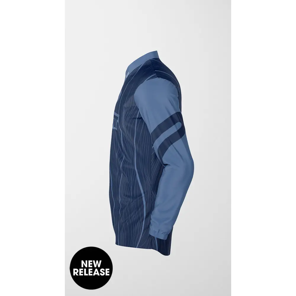 Blue long-sleeved athletic shirt.