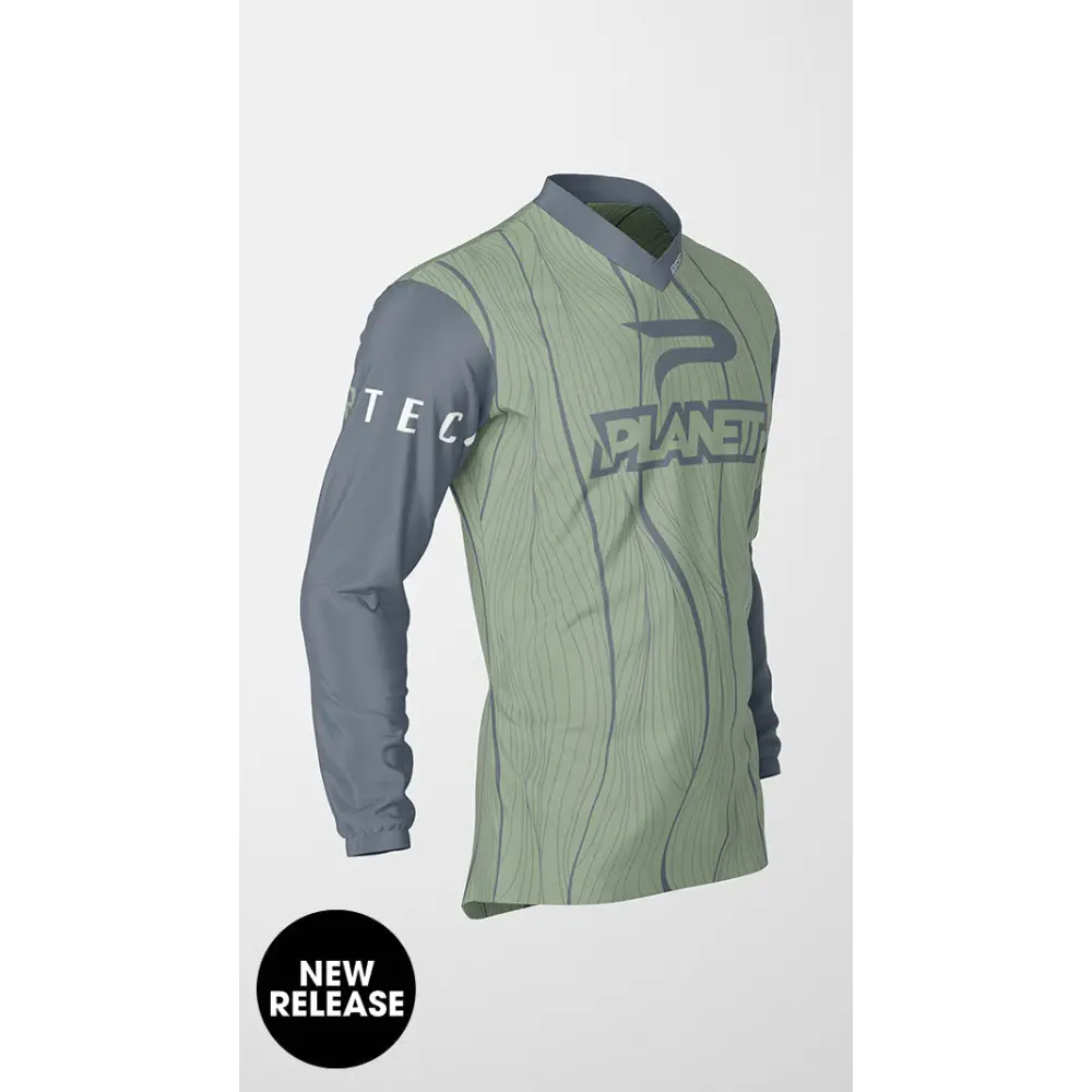 Long-sleeved green and gray jersey.