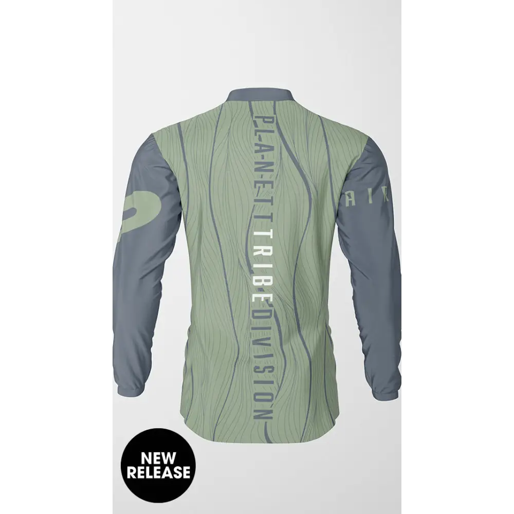 Long-sleeved green and gray shirt.