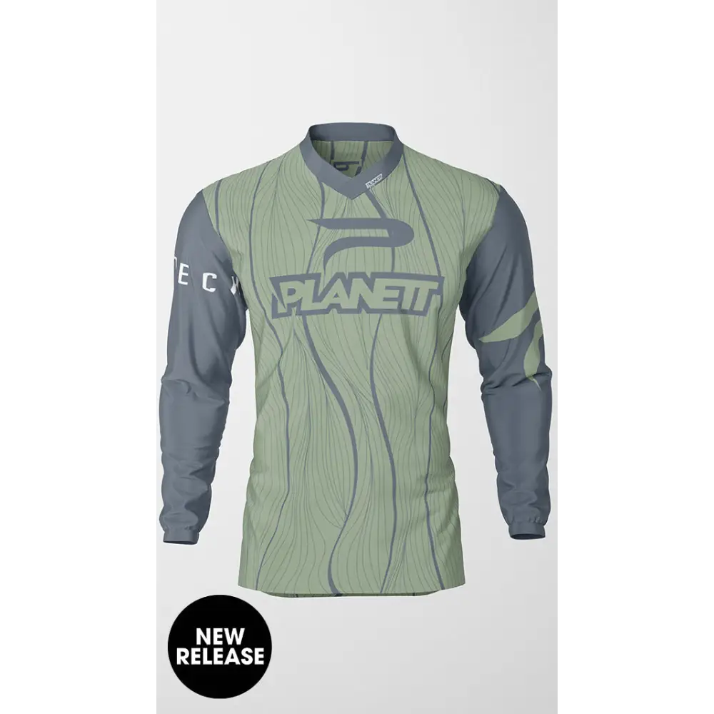 Long-sleeved green and gray jersey.
