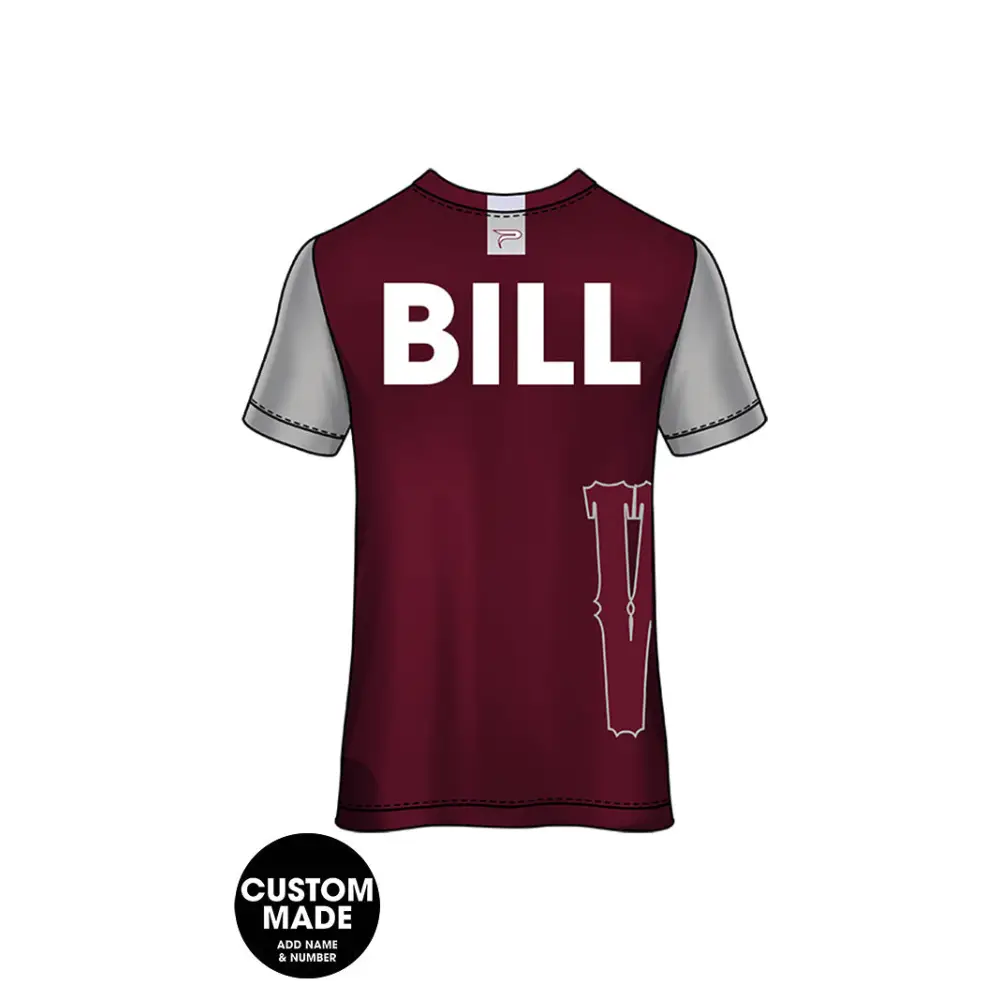 Maroon and gray t-shirt.