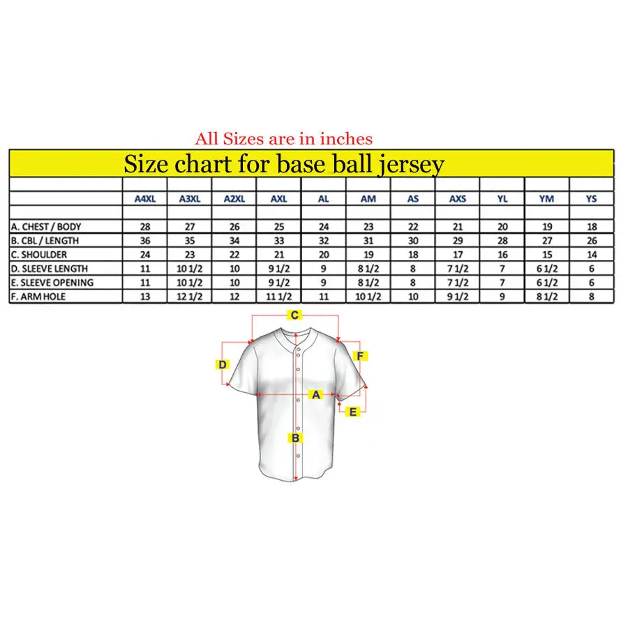 Baseball jersey size chart.