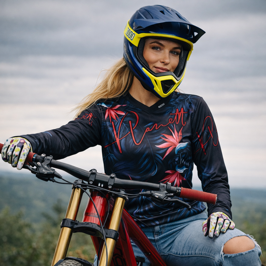 Blue and yellow mountain bike helmet with black visor, featuring a sleek aerodynamic design.