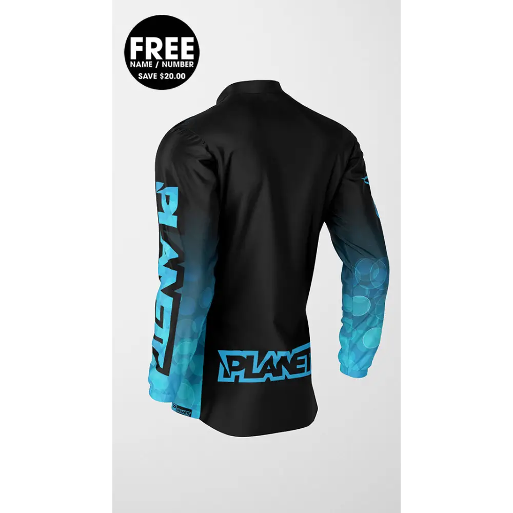 Black and blue long-sleeved shirt.